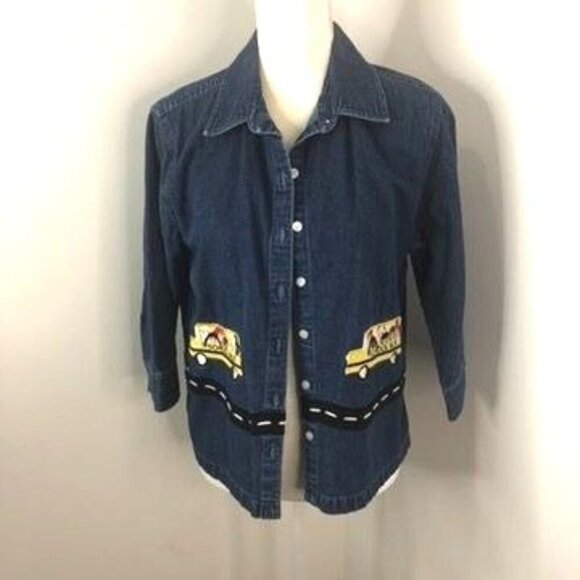 Bechamel Petites Womens Denim Button Shirt Jacket Sz PM School Bus Embroidered - Picture 2 of 12